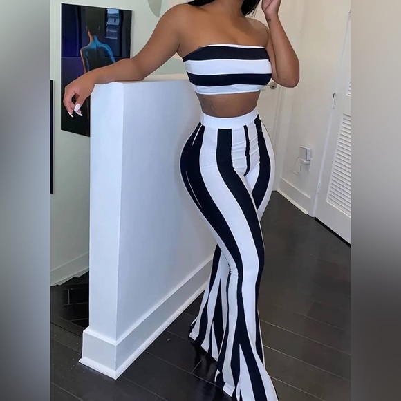 Black & White Striped Crop Tube Top & Flare Leg Pants - Picture 1 of 5